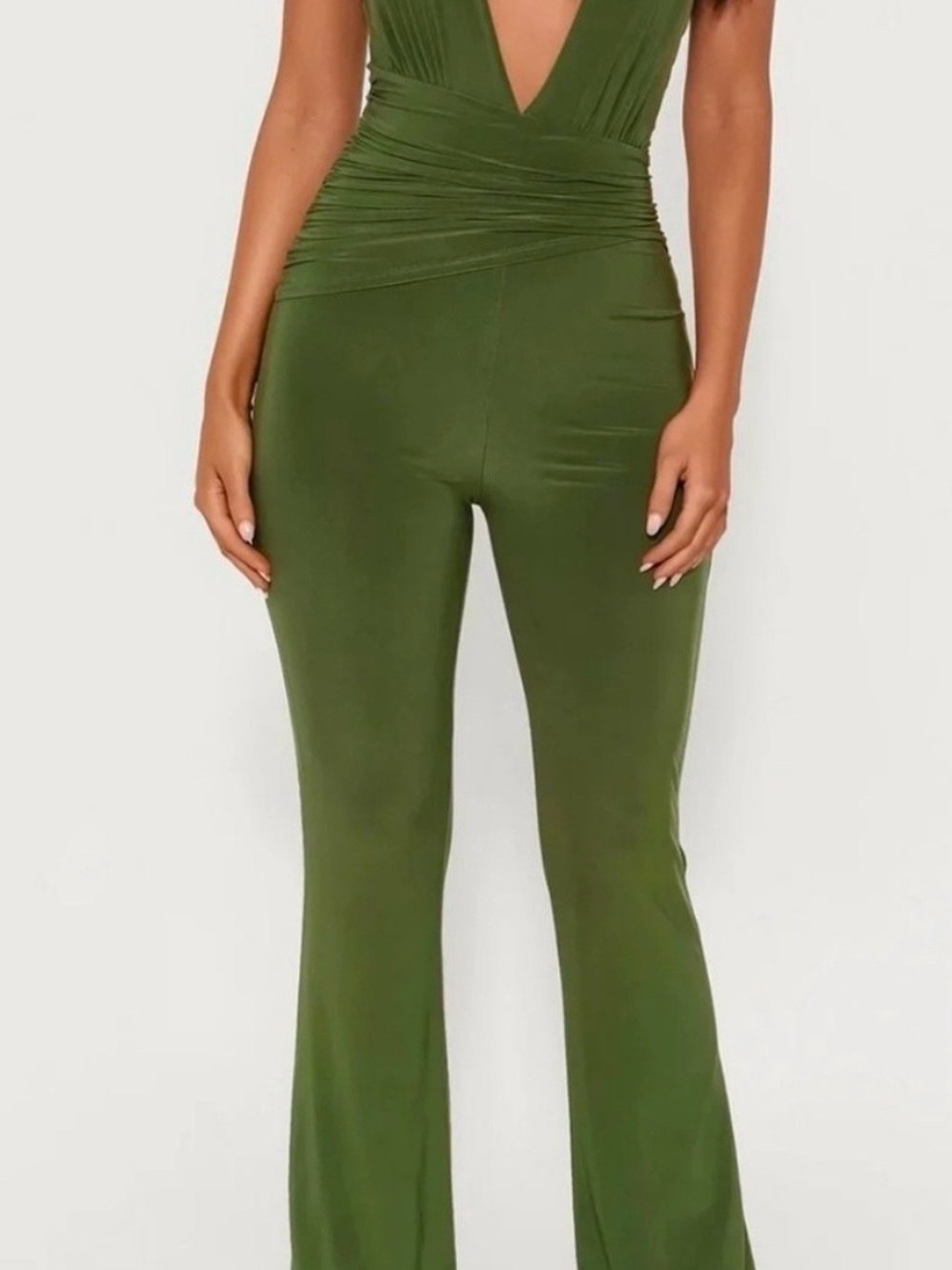Fashion Nova Olive Green Plunge-Waist Jumpsuit